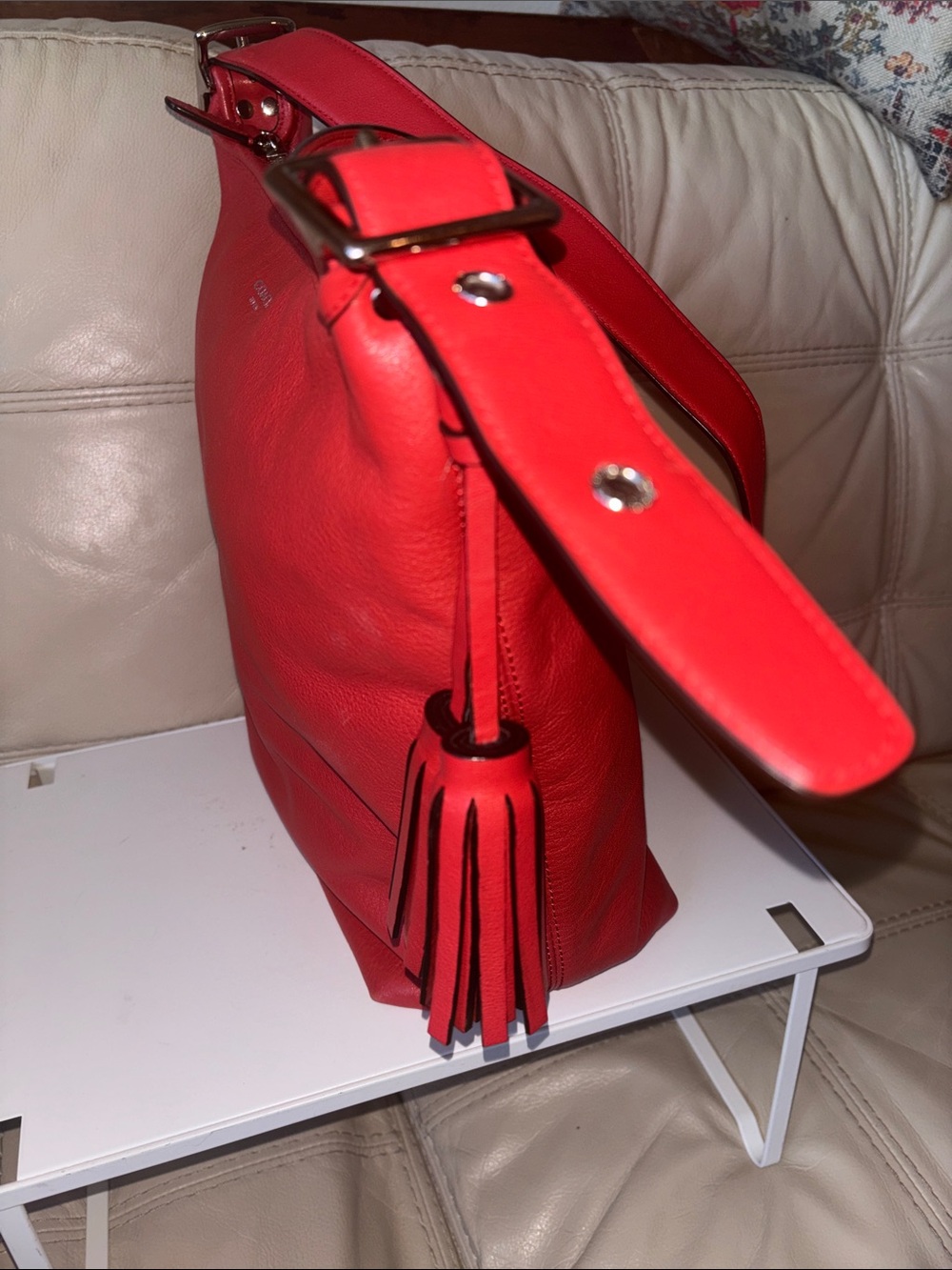 COACH Red Leather Tassel 2WAY Shoulder Bag Authentic Large Leather Tote - Picture 4 of 14